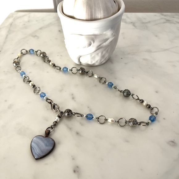 Clouds & Sky Blue Lace Agate Heart Gemstone Chain Lariat Choker Necklace - Picture 3 of 6